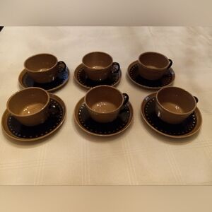 Vtg Franciscan DISCOVERY TAHITI Ceramic Cups and Saucers, Set Of 6 MCM.